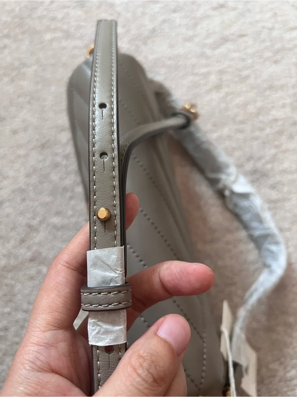 Tory Burch Chevron Quilted Shoulder Bag in Taupe Gray with Gold Hardware